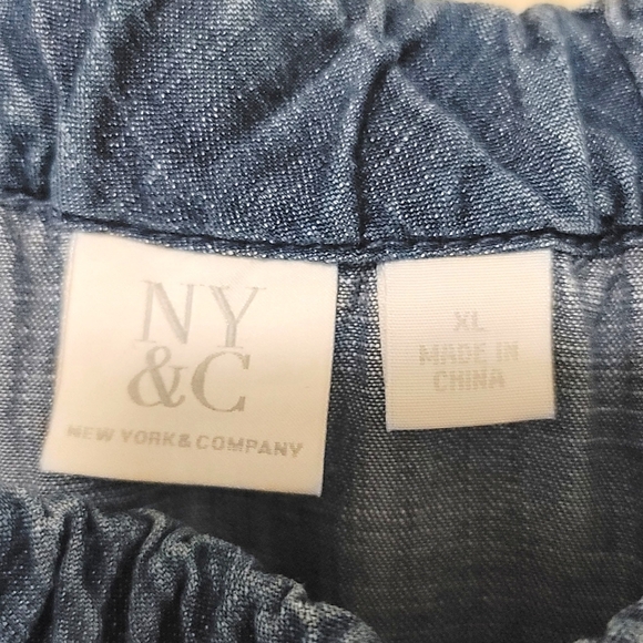 New York & Company Chambray Off-the- Shoulder Ruffle Romper, XL, Pre-owned - Picture 7 of 9